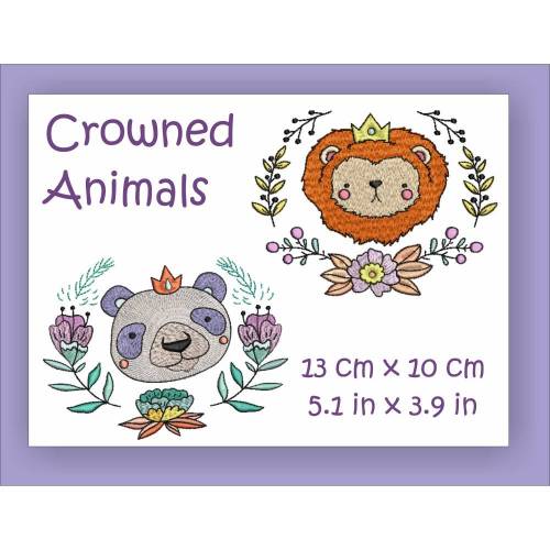 Löwe und Panda mit Krone Stickdateien Set 13cm x 10cm
