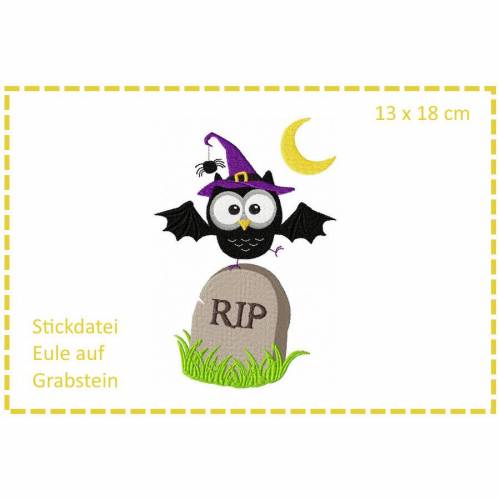 Eule auf Grabstein - Halloweeneule 13x18 Stickdatei