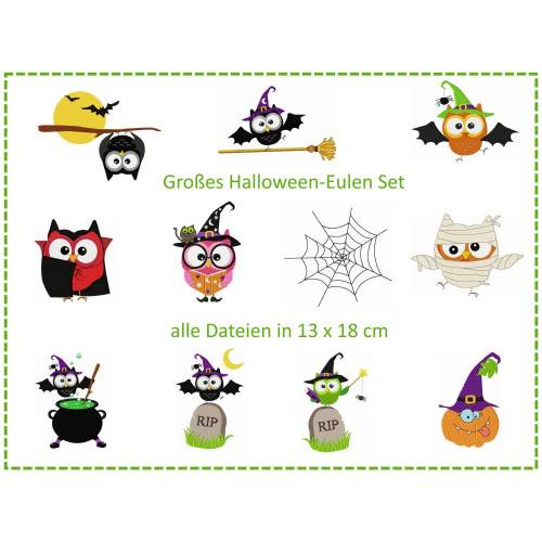 Großes Halloween-Eulen Set 13x18 Stickdatei
