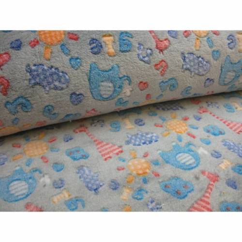 Kuschel Fleece "Fleur" grau mit bunten Tieren wie Giraffen,Elefanten (1m/8,-€)