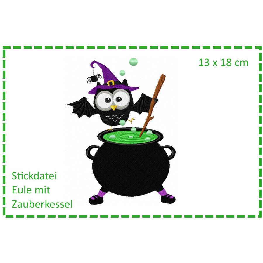 Eule mit Zauberkessel - Halloweeneule 13x18 Stickdatei Bild 1