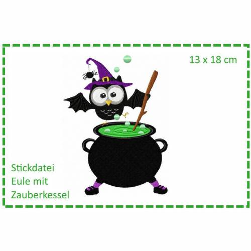 Eule mit Zauberkessel - Halloweeneule 13x18 Stickdatei