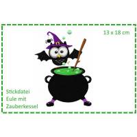 Eule mit Zauberkessel - Halloweeneule 13x18 Stickdatei