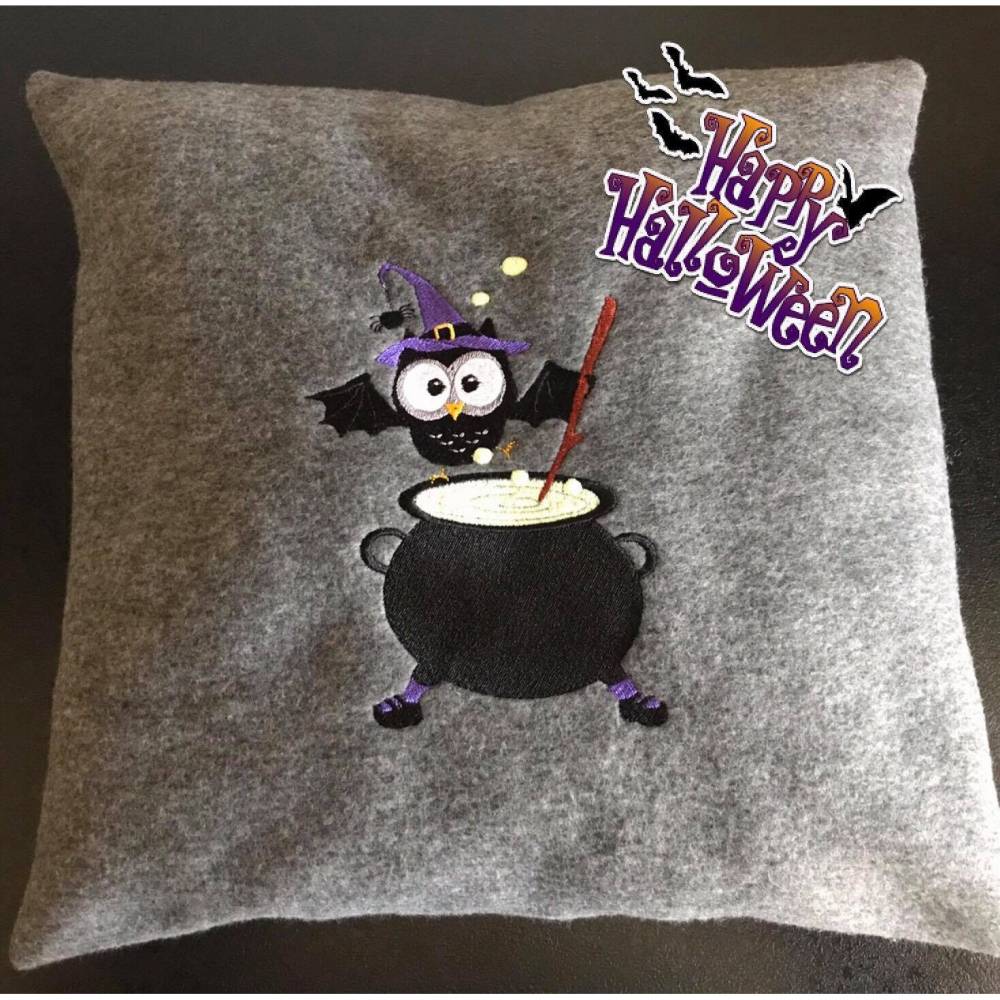 Eule mit Zauberkessel - Halloweeneule 13x18 Stickdatei Bild 2