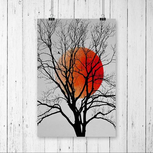 Roter Vollmond hinter Baum im Winter mit Vogel im Zweig, DIN A4 Poster, Name "Blood Moon"