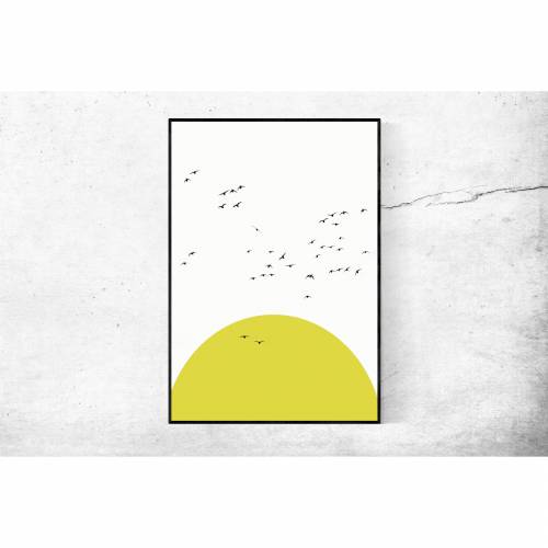 Sonnenposter, fliegende Gänseschar, minimalistische Illustration in weiß und gelb, Wanddekoration, 30 x 40 cm 