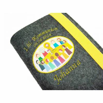 Gotteslobhülle Hülle für Gotteslob Merino Wollfilz Filz Stickerei 1.hl. Kommunion inkl. Name + Datum + Abendmahl Aufnäher Geschenk Kommunion