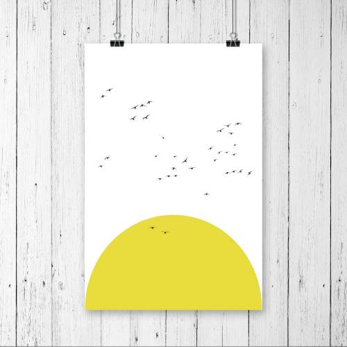 Sonne Gelb Vögel Gänseschar Trendig Modern Minimalistisch Poster Illustration Fotografie Kunstdruck // DIN A4