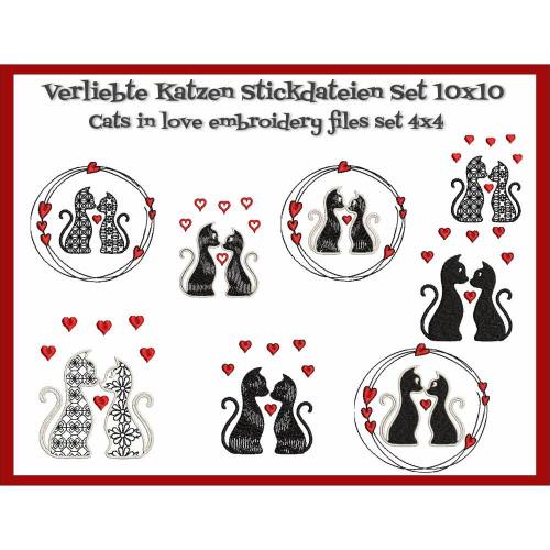 Verliebte Katzen Stickdateien Set 10cm x 10cm