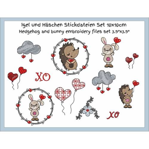 Igel und Häschen mit Herzen Stickdateien Set 10cm x 10cm