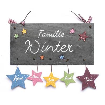 Türschild aus Schiefer für Familien mit Name personalisiert, Haustürschild mit Sternen, Schieferschild für die Haustür