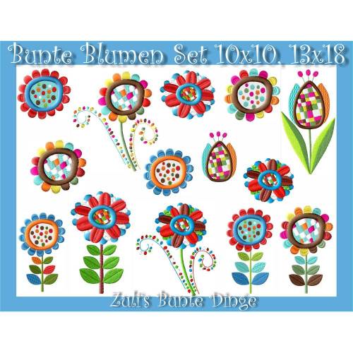 Kunterbunte Blumen Stickdateien Set für den 10x10 bis 13x18 (cm) Rahmen