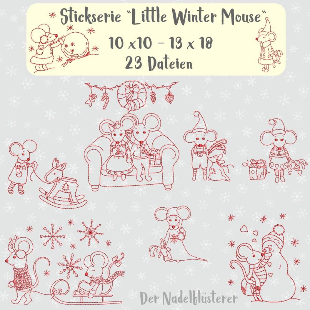 Digitale Stickserie Little Winter Mouse 10x10 - 13x18 cm (4x4 - 5x7") Stickrahmen Bild 1