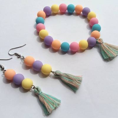Schmuckset in Pastellfarben mit Quaste, Armband, Ohrringe, Ohrhänger, Perlenarmband, Perlenohrringe, Perlenschmuck