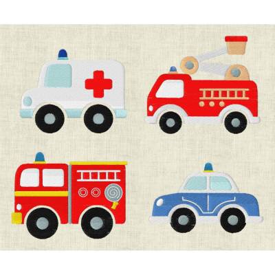 Stickdatei Set: Auto, Krankenwagen, Feuerwehr & Polizei – Maschinenstickerei Fuhrpark 151