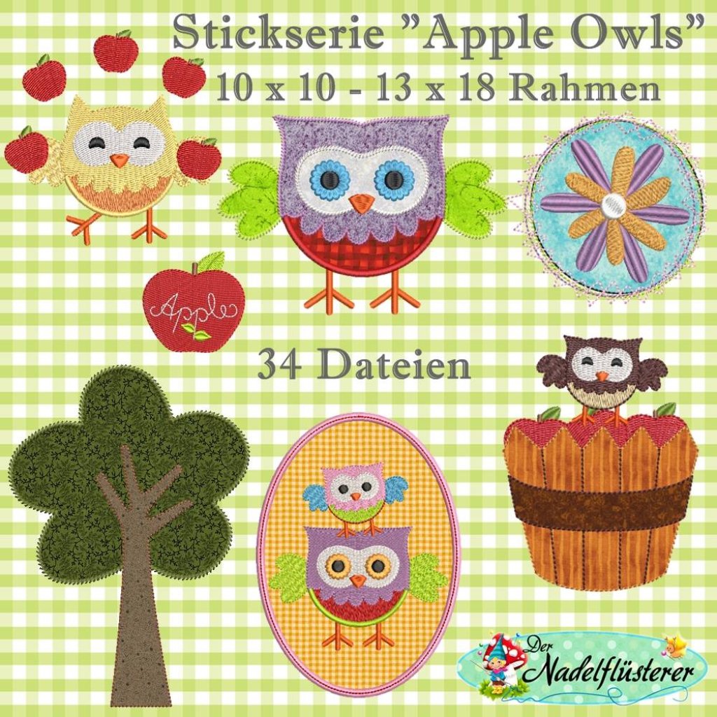 Digitale Stickserie Apple Owls 10x10 - 13x18 cm (4x4 - 5x7") Stickrahmen Bild 1