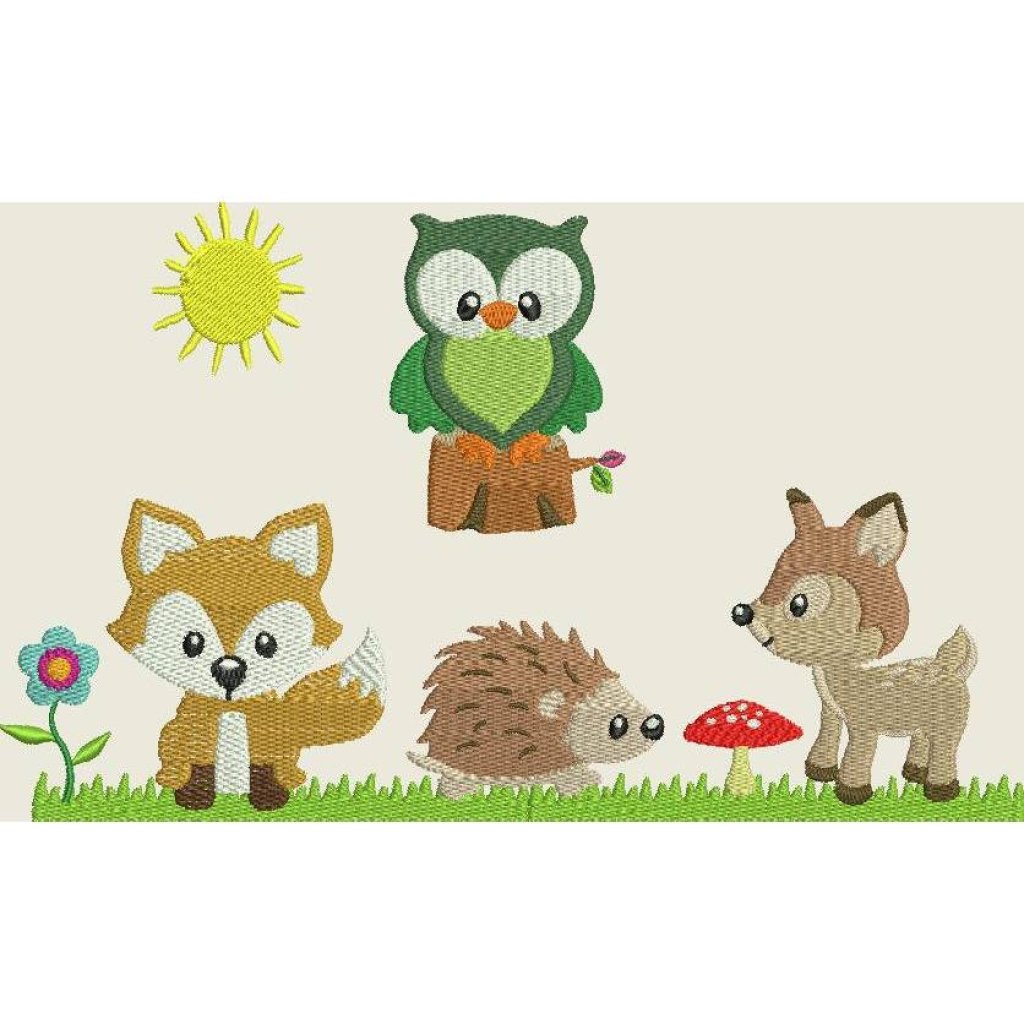 Stickdatei Tiere im Wald  Fuchs  Reh  Eule Igel Sonne 131 Bild 1