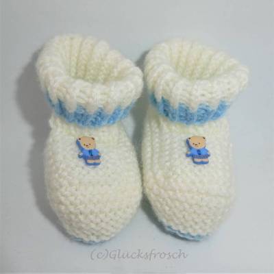 Babyschuhe weiß hellblau mit Teddybär, Fußlänge 9 cm, kuschelweiche Babywolle