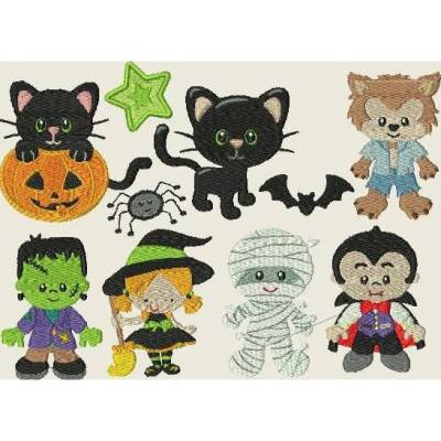 Stickdatei Halloween Set 2 – Hexe, Vampir, Mumie, Teufel, Kürbis, Spinne, Fledermaus, Katze – Maschinenstickerei