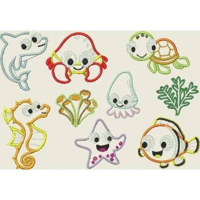 Stickdatei Unterwasserwelt 13x18  Applikation Seepferdchen Koralle Seestern, Fisch Qualle  Set 180