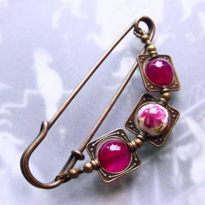 große bronze Kiltnadel mit Rosenmuster in Pink  Weiß N-7-AB-21
