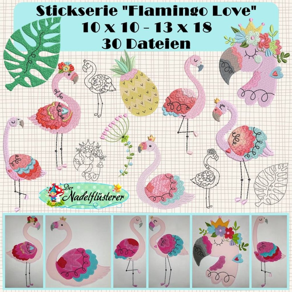 Digitale Stickserie Flamingo Love 10x10 - 13x18 cm (4x4 - 5x7") Stickrahmen Bild 1