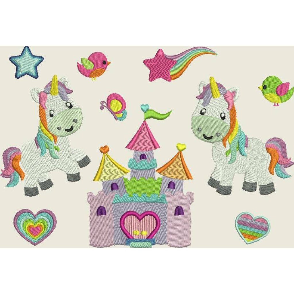 Stickdatei Einhorn im Zauberland 96 Maschinenstickerei Unicorn Schloss Vogel Schmetterling Bild 1