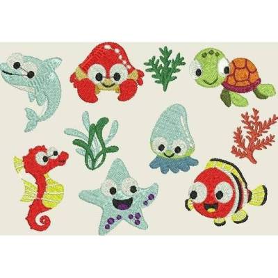 Stickdatei Unterwasserwelt 10x10cm 4x4"  Seepferdchen Koralle Seestern Clownfisch Hai Krebs Schildkröte Maschinenstickerei Set 63