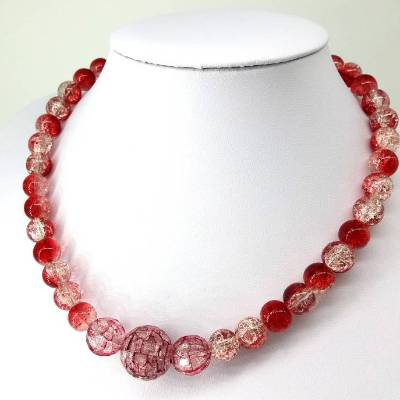 Perlenkette, Statementkette, Halskette, Kette, Crackle-Perlen, rot, transparent, auffallende Kette