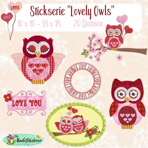 Digitale Stickserie Lovely Owls 10x10 - 13x18 cm (4x4 - 5x7") Stickrahmen