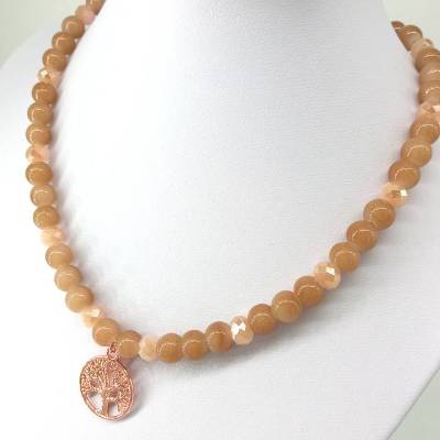 Perlenkette mit Lebensbaum-Anhänger, braun, rosa, Kette, Halskette, braune Halskette, Naturfarben, Lebensbaum, Baum