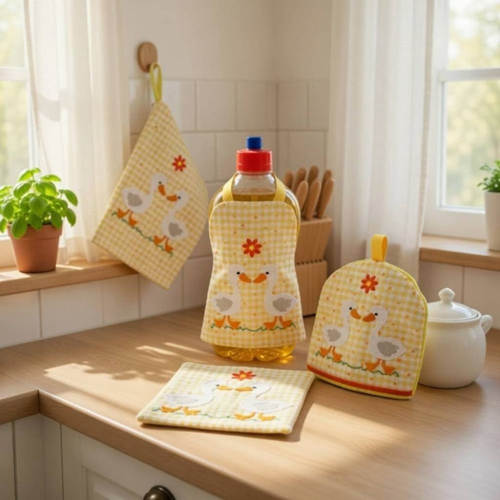 Stickdatei Küche 1* In the Hoop Set – MugRug Gans, Eierwärmer, Spülschürze, Topflappen für Stickmaschine Bild 1