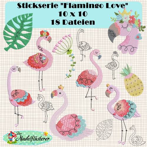 Digitale Stickserie Flamingo Love 10x10 cm (4x4") Stickrahmen