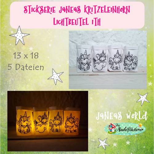 Digitale Stickserie Janeas Kritzeleinhorn  Lichtbeutel ITH 13x18 cm (5x7") Stickrahmen