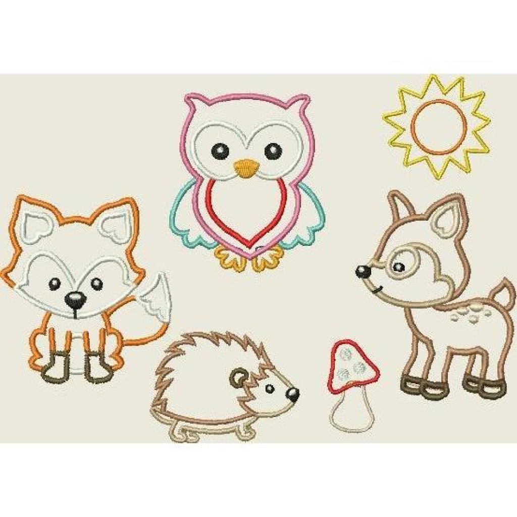 Stickdatei Tiere im Wald  Fuchs, Eule Applikation Reh Igel Sonne Pilz Maschinenstickerei 204 Bild 1