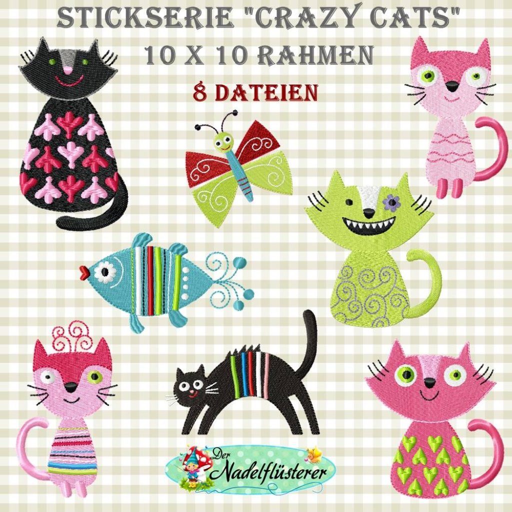 Digitale Stickserie Crazy Cats 10x10 cm (4x4") Stickrahmen Bild 1