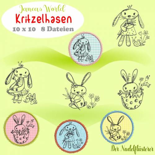 Digitale Stickserie Janeas World Kritzelhasen 10x10 cm (4x4") Stickrahmen