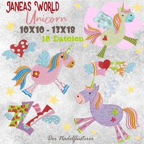 Digitale Stickserie Janeas World Unicorn 10x10 - 13x18 cm (4x4 - 5x7") Stickrahmen