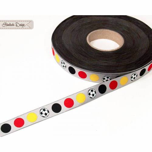 1m (2EUR/m) Webband Fußballpunkte schwarz/rot/gold auf grau