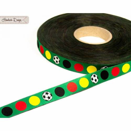 1m (2EUR/m) Webband Fußballpunkte schwarz/rot/gold auf grün