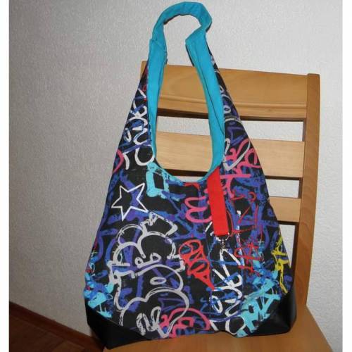 Tolle Schultertasche, Beuteltasche aus buntem Baumwollstoff, türkis, schwarz, Graffiti, handgemacht, Dieda