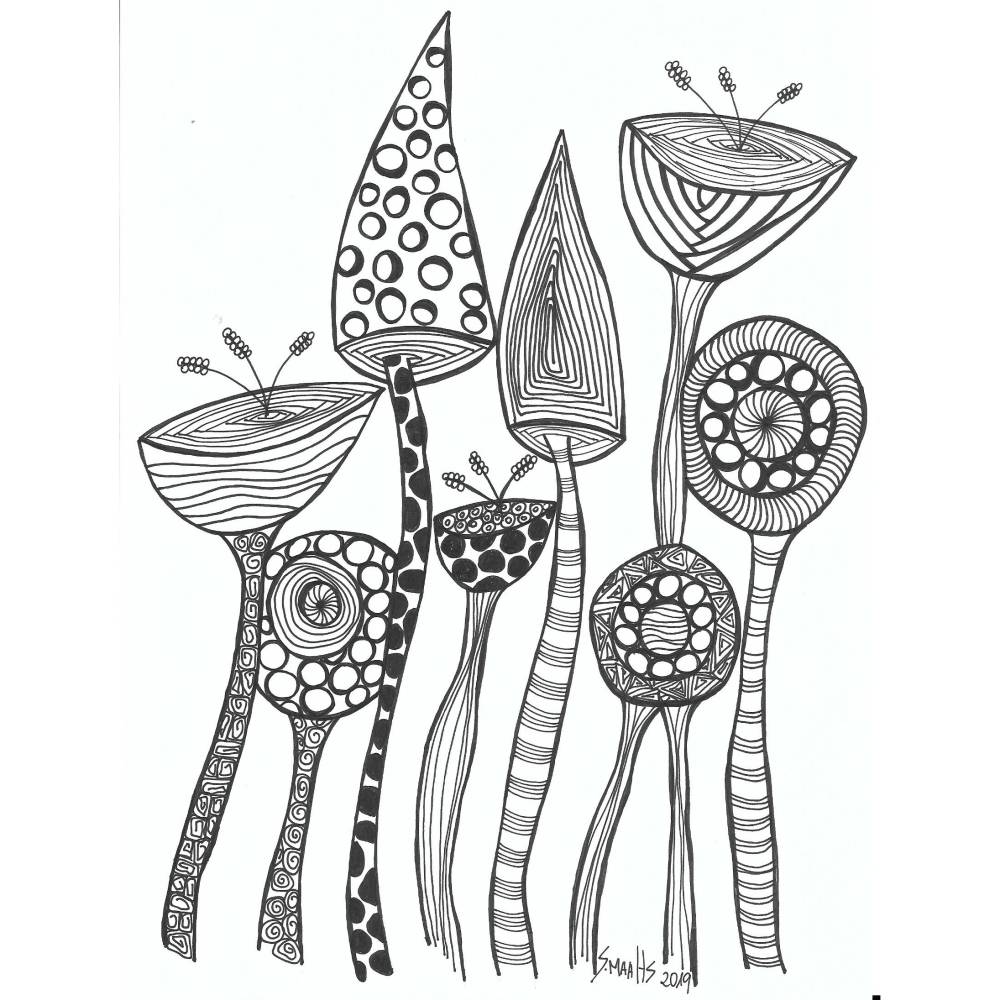 Schwarz-Weiß Zeichnungen mit lichtechtem Fineliner, ungerahmt, witzige Blumen, Crazy Flowers, Wandkunst, Illustration