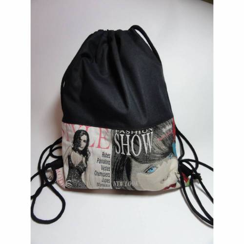 Turnbeutel Rucksack Gymbag Festivalbag aus Baumwolle und Jacquard – Schwarz, stylisch & gefüttert