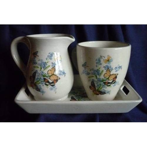 3 tlg.Set  Kanne Tasse und Tablett mit Schmetterlingen und Vergissmeinicht