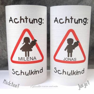 Tischlicht Lichthülle Einschulung Schulanfang "Achtung" für Mädchen oder Jungen