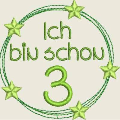 Stickdatei Doodle Rahmen  " Ich bin schon 3 " , in 3 Grössen  Maschinenstickerei, Geburtstag,
