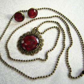 Schmuckset Cabochon Kette Ohrstecker handbemalt rot + messingfarben