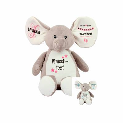 Elefant Stofftier mit Name Geschenkidee zur Taufe, Geburt personalisiert mit Namen Geburtsdaten Taufspruch