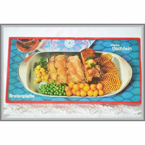 Vintage, Bratenplatte Marke Tischfein, Servierteller, Wurstplatte, Fleischplatte, Edelstahl Rostfrei 18/10, 43x21.5cm