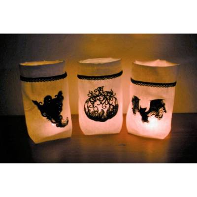 Lichtbeutel Vasenhusse Halloween Gespenst, Kürbis, Fledermaus Leinen schwarz-weis 1 Beutel € 15,50